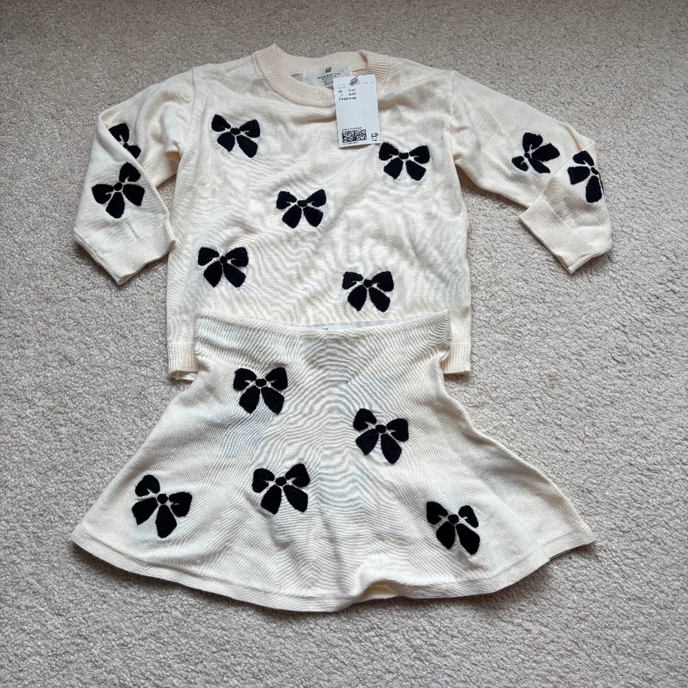 H&M Bow Knit Sweater Skirt Set Girls 3/4T Cream Black Matching Outfit